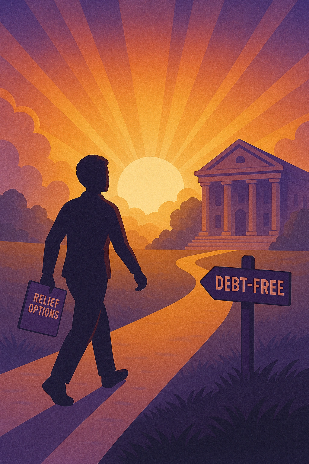 Illustration of a borrower walking toward a sunrise with a 'Relief Options' folder, symbolizing hope and persistence in seeking private student loan discharge