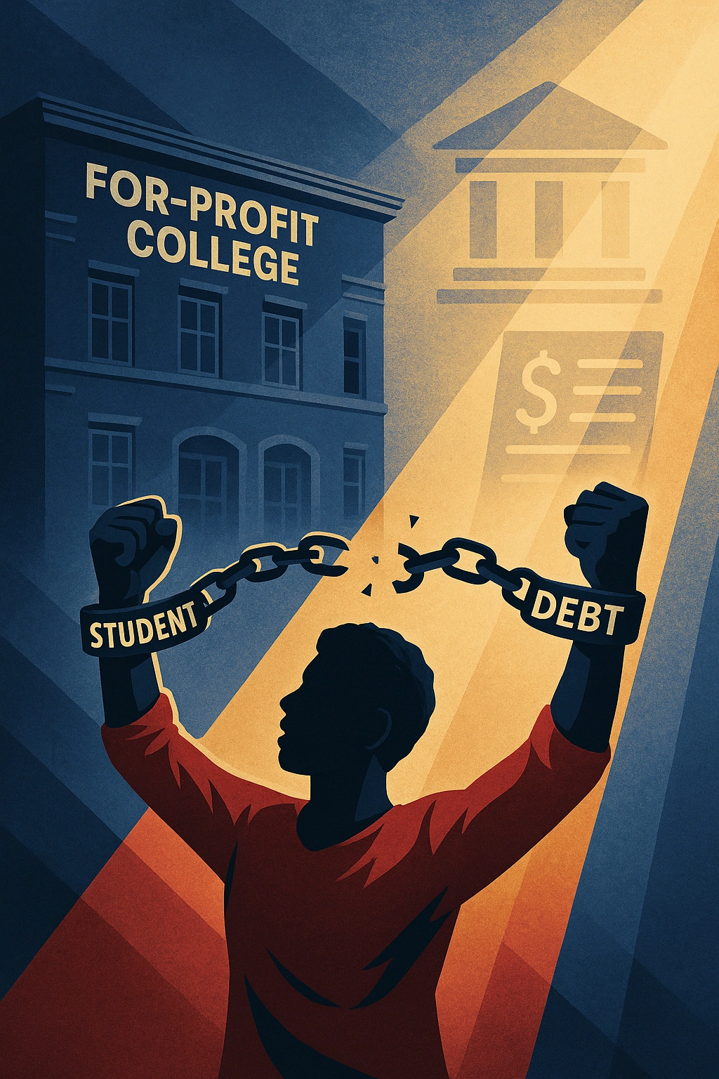 Illustration of a person breaking free from chains labeled 'student debt' in front of a for-profit college, symbolizing the fight for private student loan discharge due to school misconduct