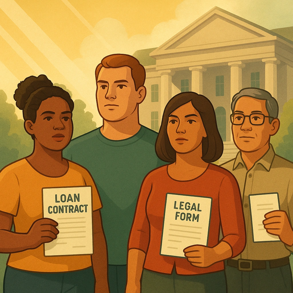 Illustration of diverse borrowers holding loan documents and standing together in front of a courthouse, representing collective action for private student loan relief