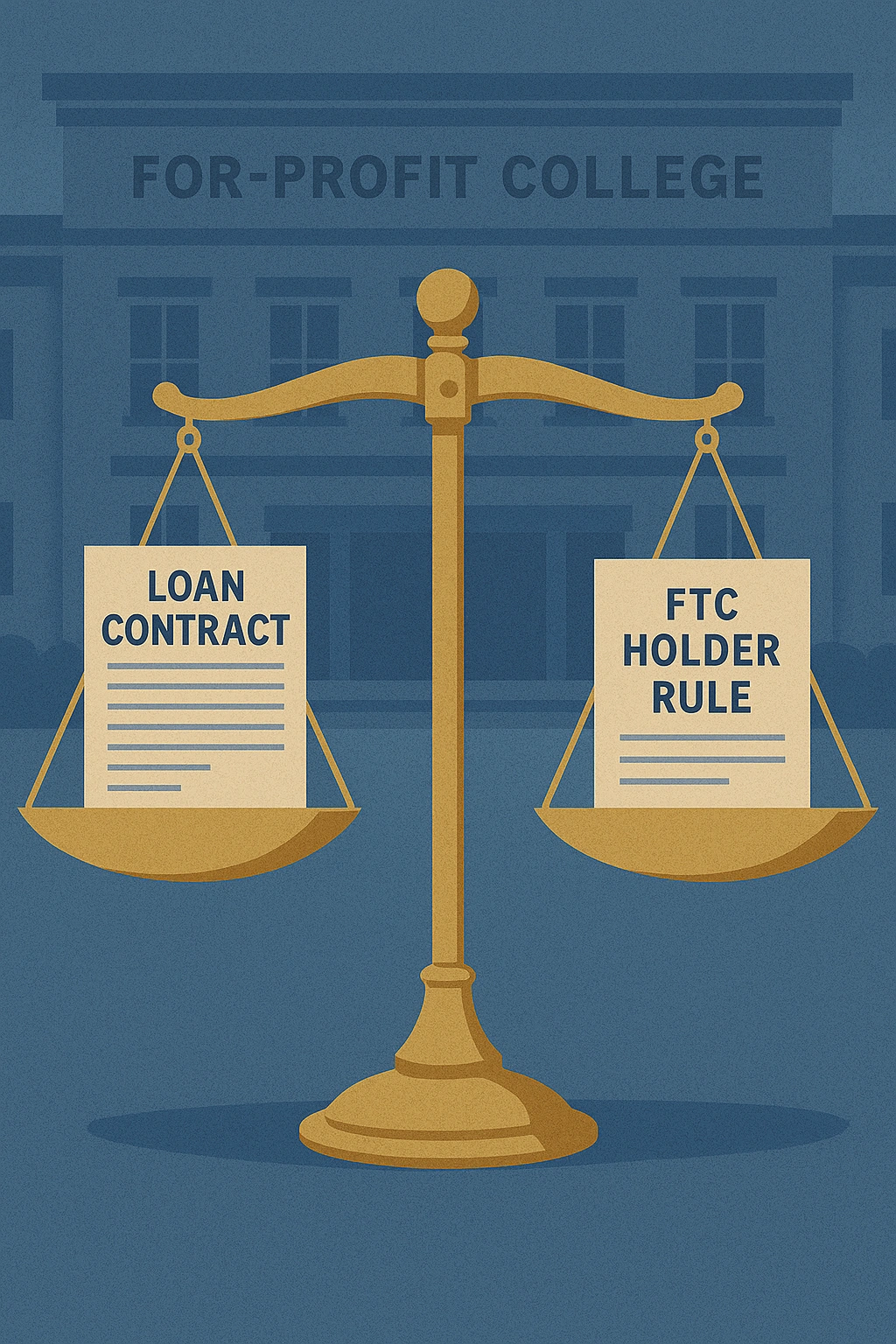 Illustration of a legal scale balancing a loan contract and an FTC Holder Rule document, symbolizing legal defenses for private student loan borrowers against school fraud