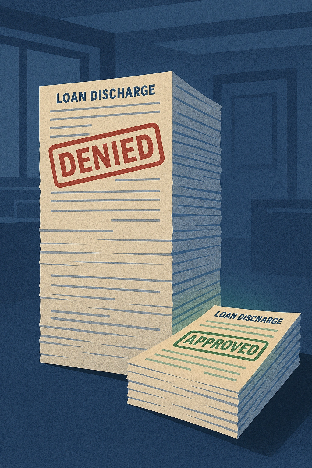 Graphic of a pile of rejected loan discharge applications stamped 'DENIED' in red, with a few approved applications in green, highlighting Navient’s high denial rates for school misconduct claims