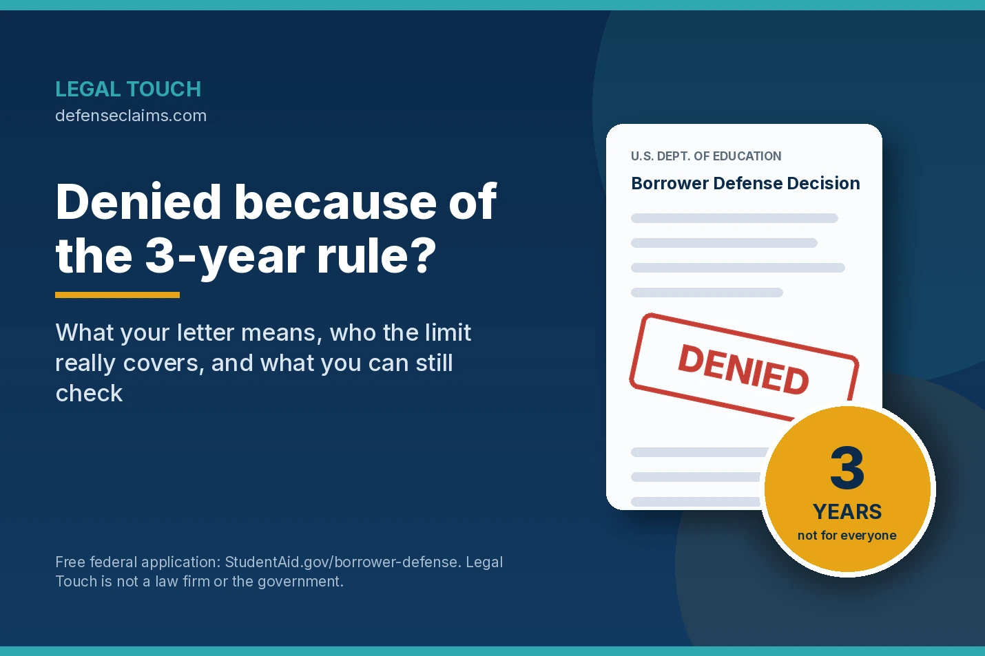 Legal Touch graphic of a Borrower Defense decision letter stamped denied next to a badge reading 3 years, not for everyone
