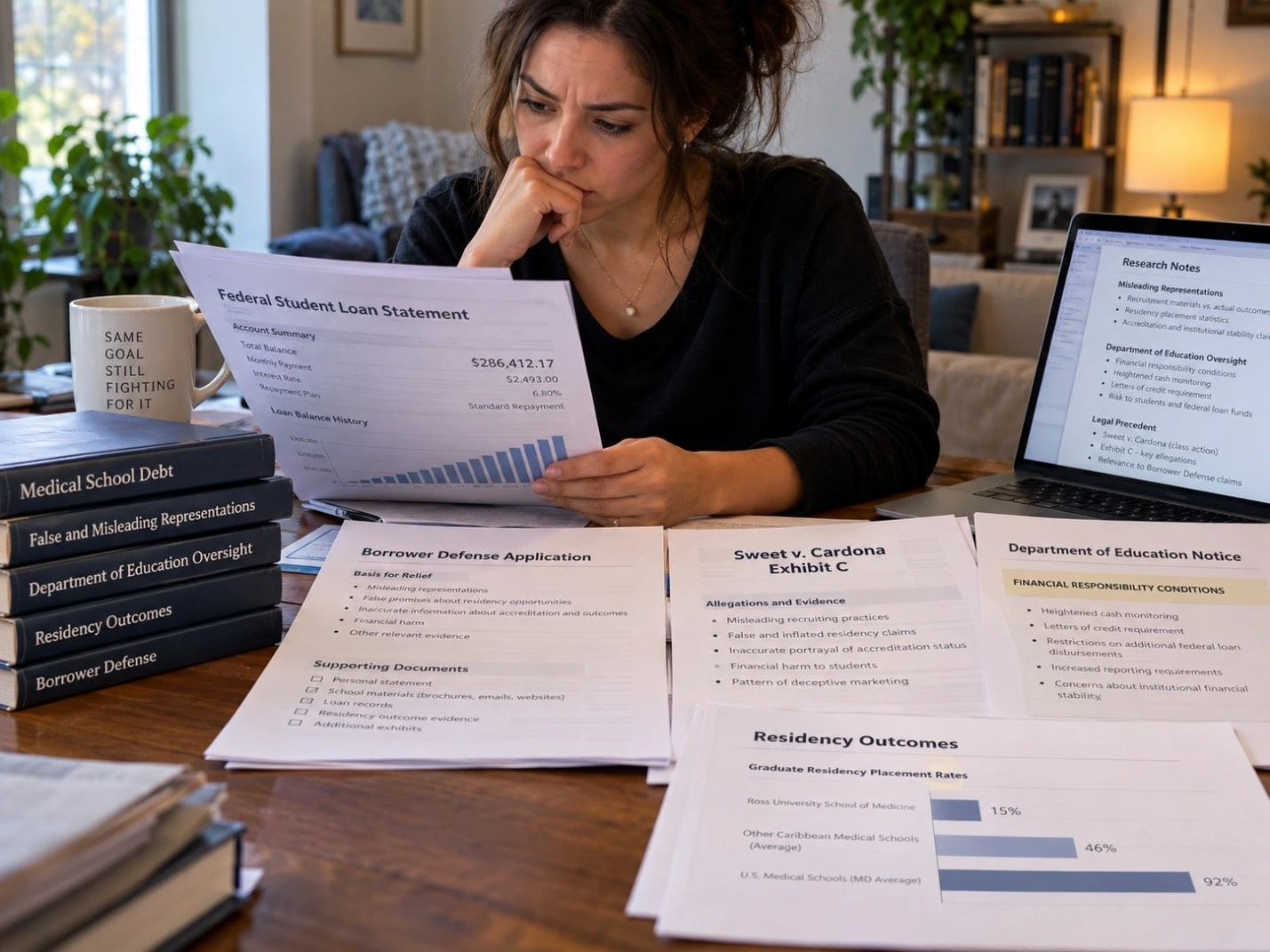 Former Ross University School of Medicine student reviewing federal student loan statements and Borrower Defense documents after discovering the Sweet v. Cardona Exhibit C listing, federal litigation involving misleading representations, Department of Education financial oversight conditions, and concerns about medical school debt and residency outcomes.
