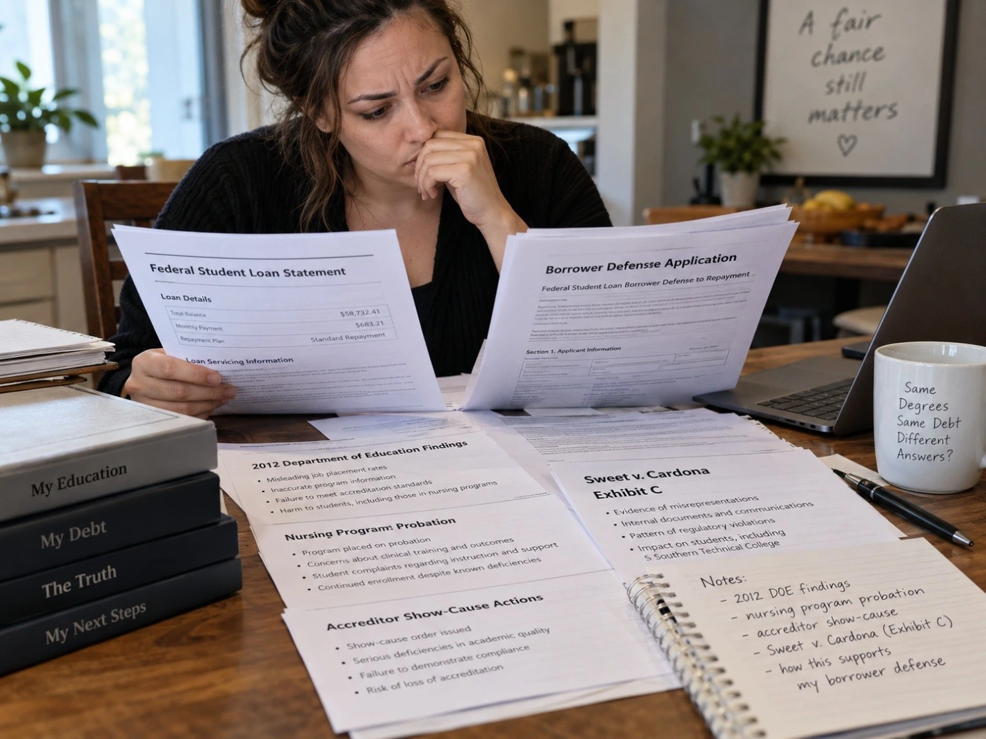 Former Southern Technical College student reviewing federal student loan statements and Borrower Defense documents after discovering the Department of Education's 2012 financial aid compliance findings, nursing program probation, accreditor show-cause actions, and the college's inclusion in Sweet v. Cardona Exhibit C.