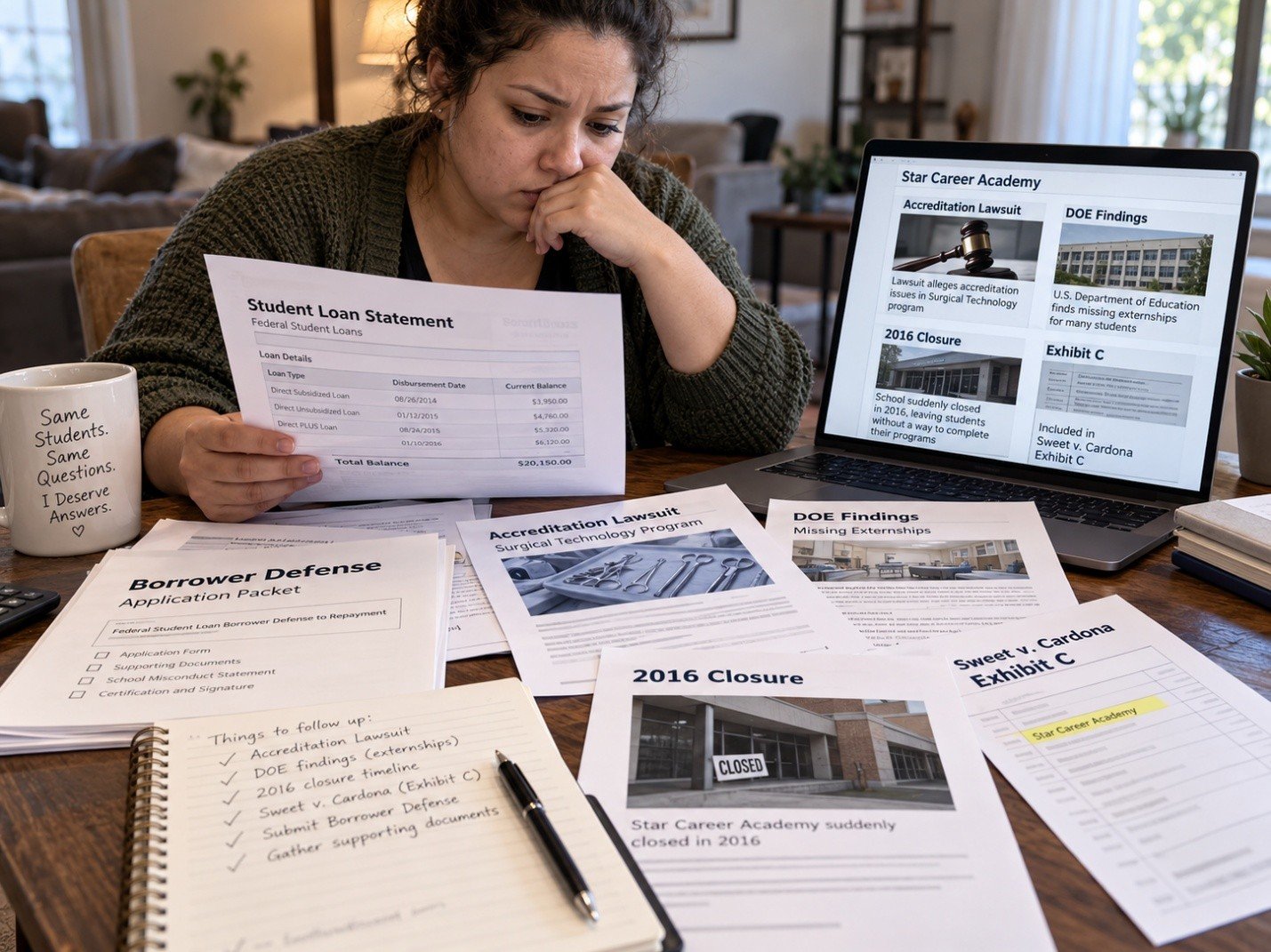 Former Star Career Academy student reviewing federal student loan statements and Borrower Defense documents after discovering the school's Surgical Technology accreditation lawsuit, U.S. Department of Education findings concerning missing externships, sudden 2016 closure, and inclusion in Sweet v. Cardona Exhibit C