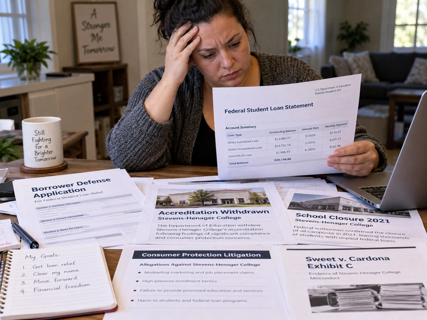 Former Stevens-Henager College student reviewing federal student loan statements and Borrower Defense documents after learning about the school's accreditation withdrawal, 2021 closure, Colorado consumer-protection litigation involving its parent organization, and inclusion in Sweet v. Cardona Exhibit C